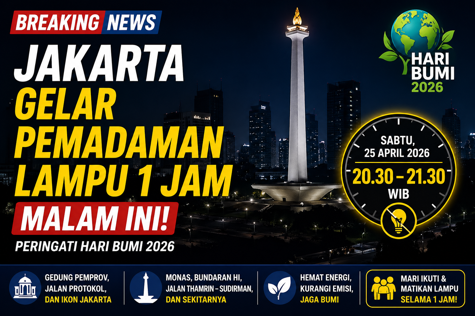 Jakarta Gelar Pemadaman Lampu 1 Jam Malam Ini, Berikut Jadwal, Lokasi, dan Tujuan Aksi Hari Bumi 2026